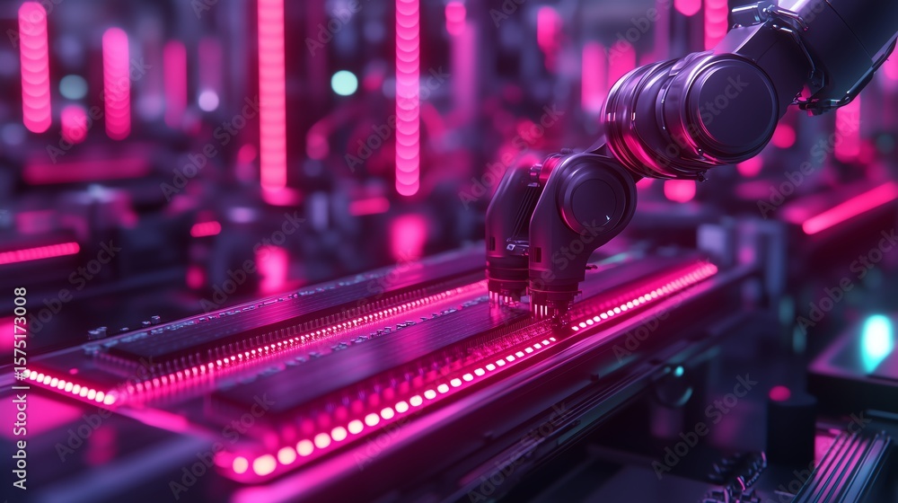 Poster 3d render of a pcb assembly line with ai-powered robotic arms and neon highlights in a futuristic fa