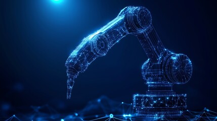 Heavy automation robot arm in a smart factory, representing Industry 4.0 technology, with a low poly wireframe design, dark blue background, and clear lines.