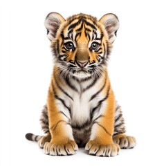 Fototapeta premium A cute baby tiger cub, isolated on a clean white background, showcasing its soft fur and curious eyes