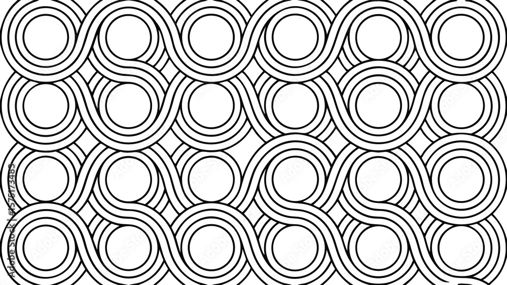 Poster black and white geometric repeating pattern with overlapping circles and flowing lines
