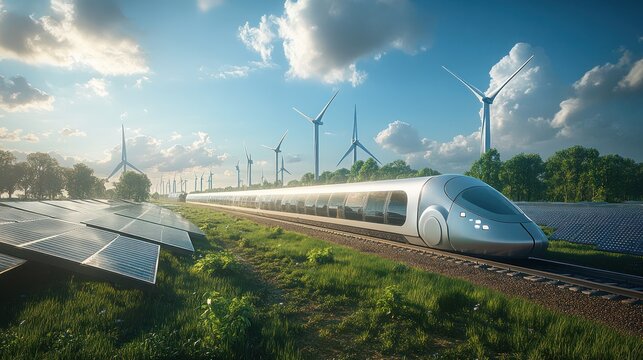A futuristic train transporting freight through a landscape of wind farms and solar fields, showcasing a zero-emission approach to long-distance shipping