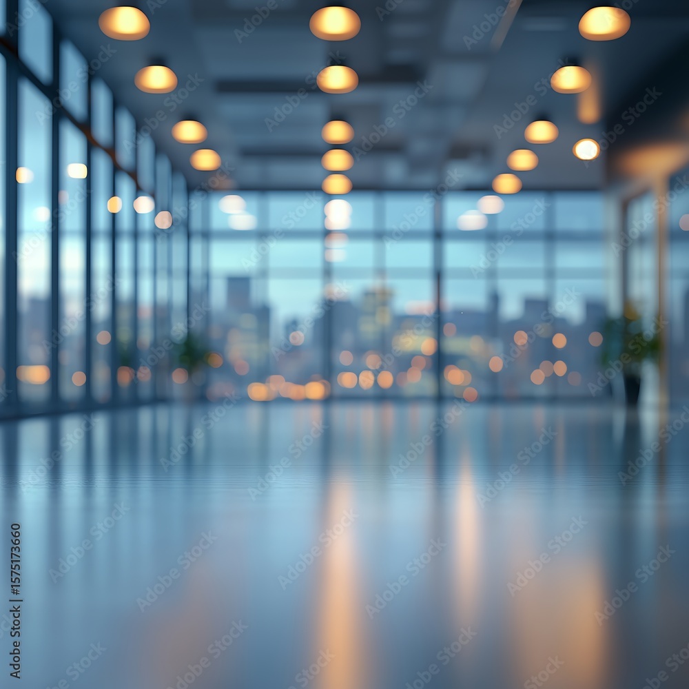 Poster minimalist flat illustration of an empty office with soft bokeh lights. blurred background creates o