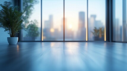 Fototapeta premium Modern office with large windows and soft natural lighting, blurred minimalist background. Perfect for corporate branding, presentations, or advertisements.