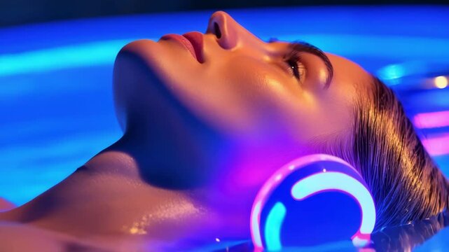 Woman sensory deprivation tank, illuminated by vibrant blue and purple lights, wearing headphones for ultimate relaxation and tranquility experience