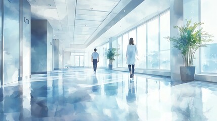 Modern hospital lobby with doctor and patient walking, minimalist interior, spacious hallway, soft watercolor style, clean and peaceful ambiance.