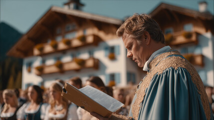 Fototapeta premium Priest Reading from Scripture During Outdoor Assumption Day Ceremony with Devoted Community in Scenic European Village