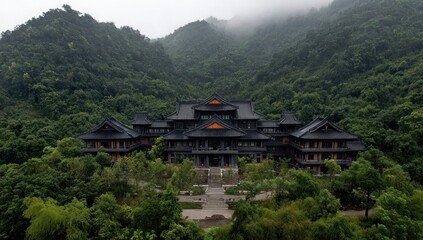 Large dark temple nestled in lush green mountains