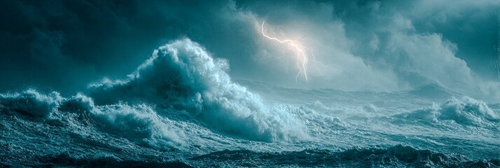 In the middle of a dark ocean storm, a bolt of lightning hits just beyond a distant cliff edge blending storm aesthetics with fine details for captivating visual appeal