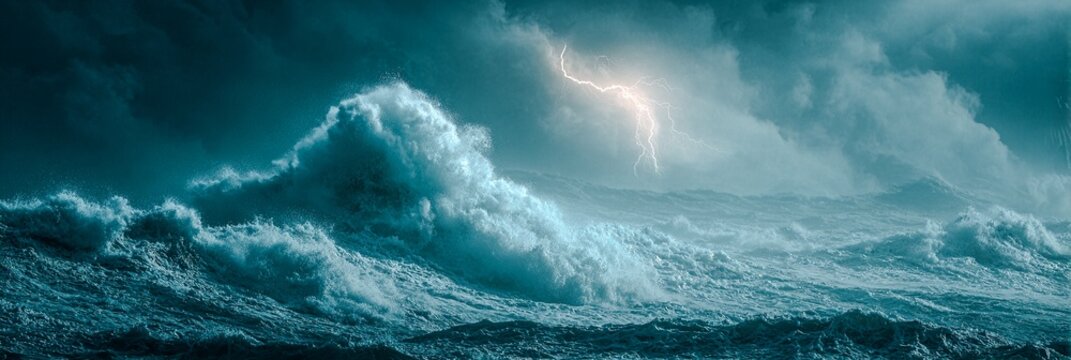 In the middle of a dark ocean storm, a bolt of lightning hits just beyond a distant cliff edge blending storm aesthetics with fine details for captivating visual appeal - Powered by Adobe