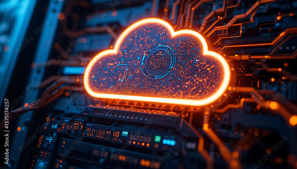 Poster glowing cloud computing icon on circuit board.