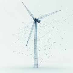 Minimalist wind turbine glowing softly on a clean white background, rendered in low-poly wireframe style with connected dots for a green energy concept.