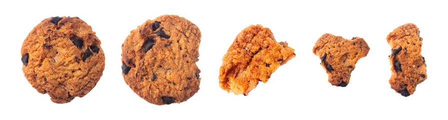 A collection of chocolate chip cookies with various bite textures