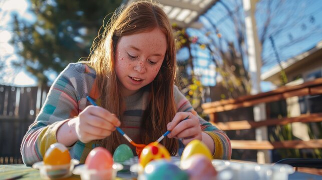 A young woman with Down syndrome enjoys a creative activity by painting Easter eggs for Easter in her backyard.