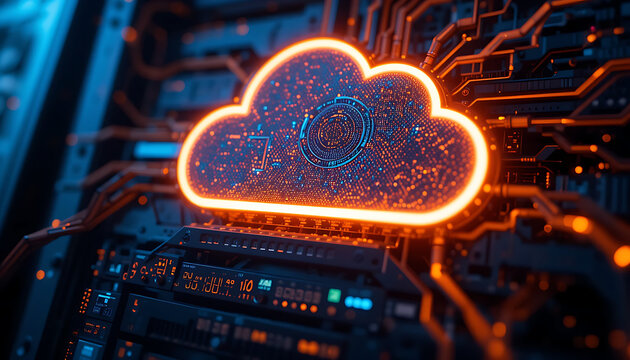 Glowing Cloud Computing Icon on Circuit Board.