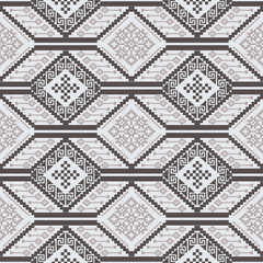 Obraz premium Seamless pixel geometric diamond pattern in white, taupe, and brown, ethnic cross-stitch textile style