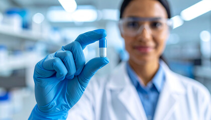 Scientist Holding Capsule: Close-up of a scientist's gloved hand gently holding a single capsule, showcasing pharmaceutical research and development.  