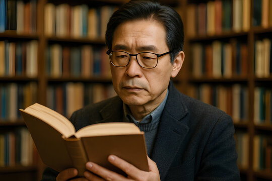 Man Reading Thoughtfully in Library, Surrounded by Shelves Full of Books