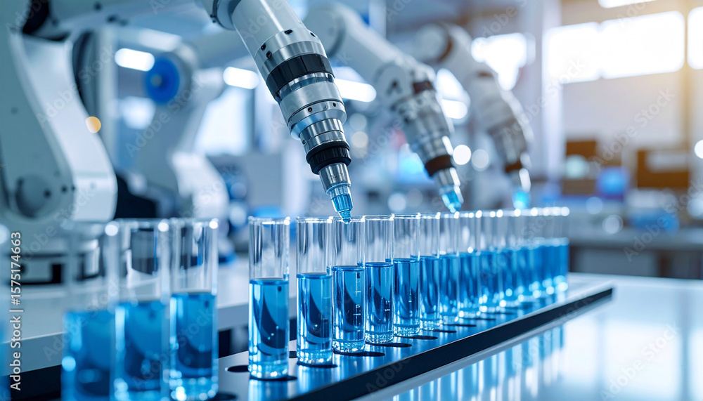 Poster robotic precision: close-up of robotic arms precisely dispensing liquid into test tubes, symbolizing