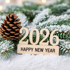 Happy New Year 2026 with Snow and Pine Cones
