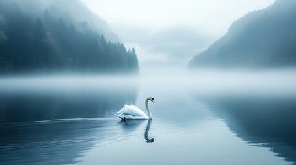 A graceful white swan glides across the foggy lake, its reflection in the calm water complemented by blurred distant mountains in the serene landscape.