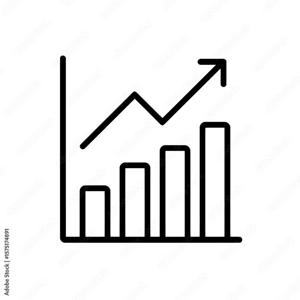 Poster clean black line icon depicting a vertical bar graph showing increasing values with an ascending tre