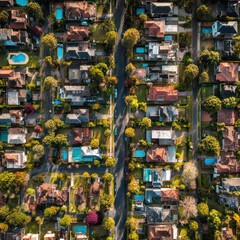 Fototapeta premium Detailed aerial shot of elegant street layout in a Sydney suburb, modern houses with swimming pools and trees, tidy rows in a square balanced composition