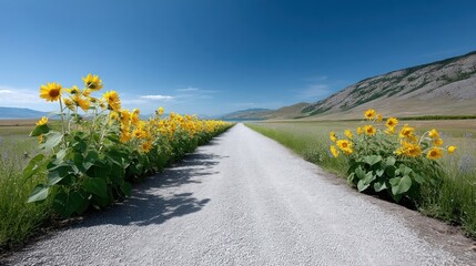 Sunflowers line a gravel road leading to mountains under a vibrant blue sky