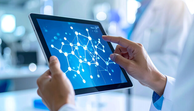 Tablet in Scientific Precision: A close-up perspective of a scientist's hands interacting with a digital tablet. The screen displays a sophisticated network diagram of molecular structures.
