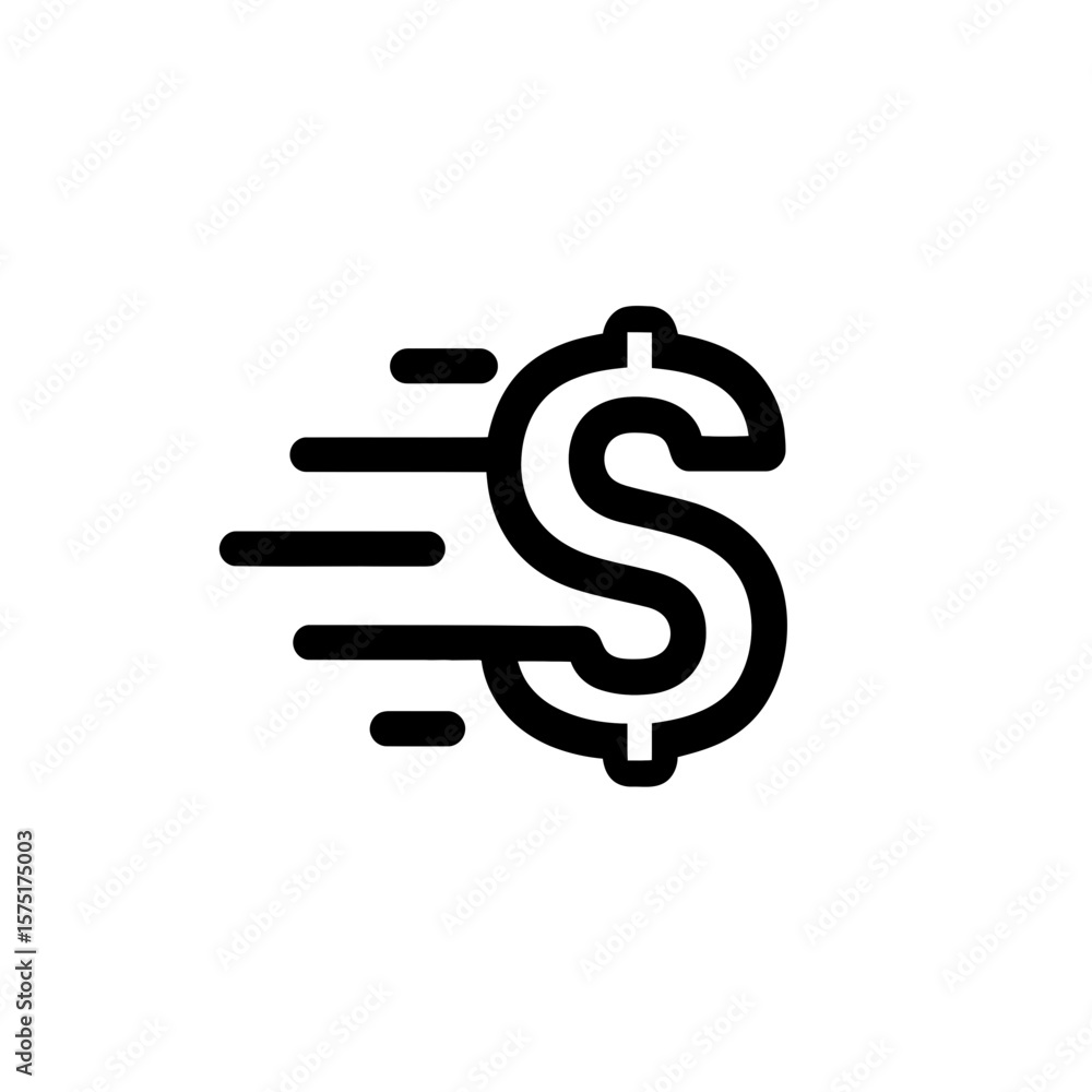 Poster outline icon showing dollar symbol with speed lines representing rapid financial flow, fast transact