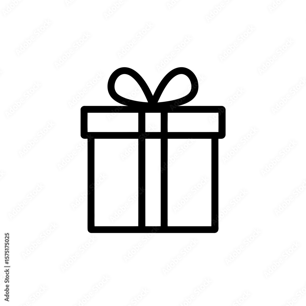 Poster clean minimal outline icon drawing depicting a square present or gift box topped with a neatly tied 