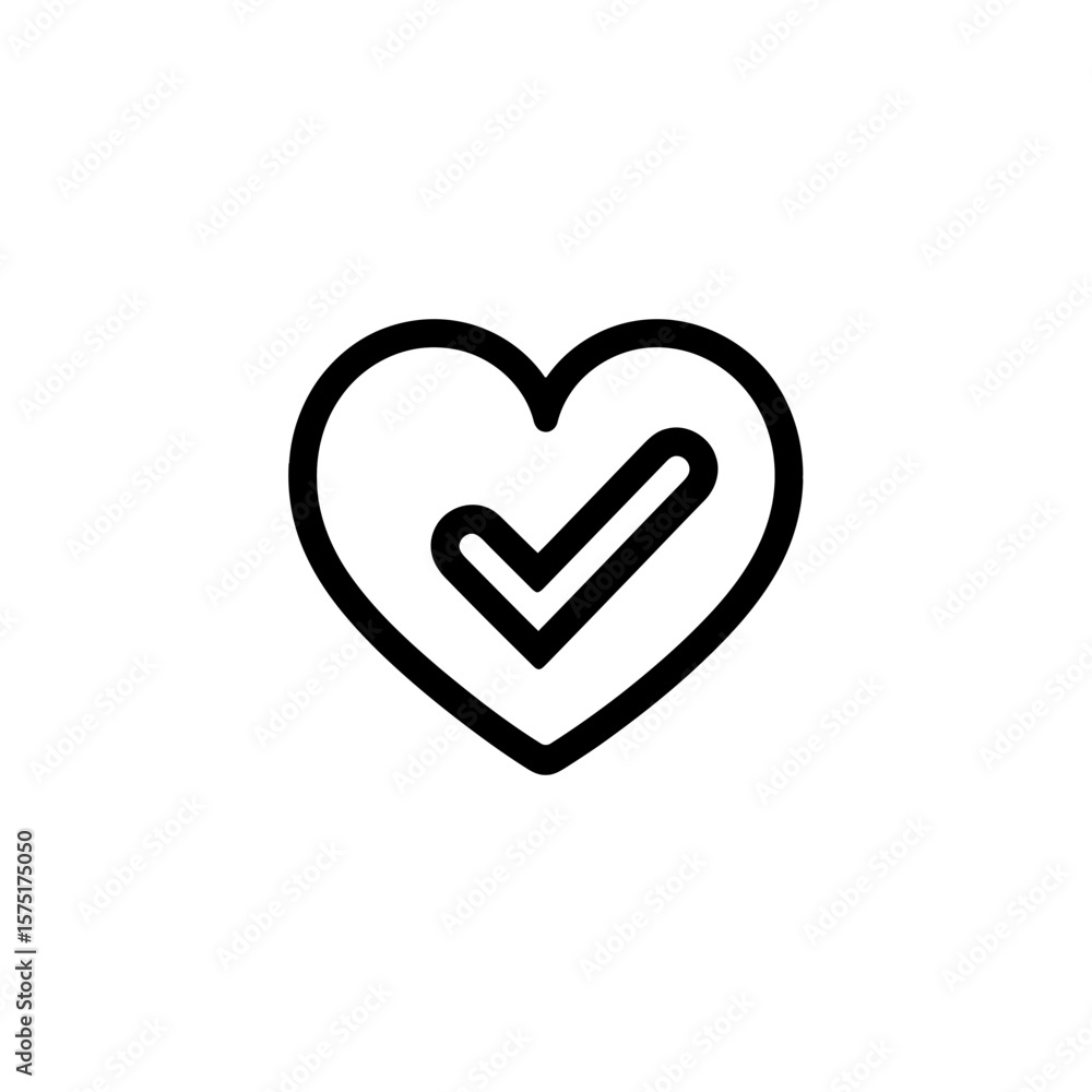Poster simple black vector outline graphic of a heart symbol with a bold verification mark, concept for suc