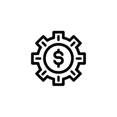 Clean and simple black and white line icon illustrating a gear mechanism with a prominent dollar sign within the central circle element, concept for financial management strategies, business