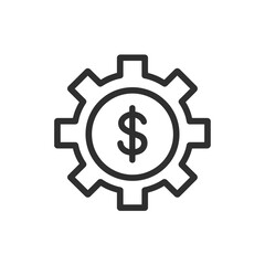 Simple black outline icon showing a gear with a central circle containing a prominent dollar symbol, concept for business financial planning, economic system configuration, and operational settings