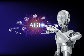 robot interacting with a digital interface displaying 