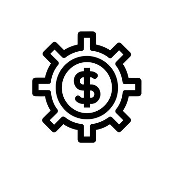 Crisp outline icon showing a dollar currency symbol perfectly centered within a mechanical gear mechanism, concept for fiscal policy implementation, financial technology solutions, and corporate