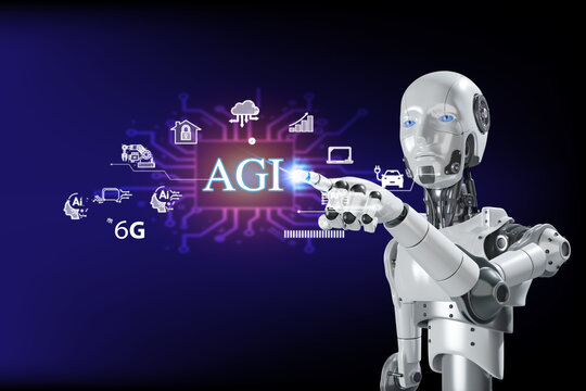 robot interacting with a digital interface displaying "AGI" and futuristic icons, representing the concept of Artificial General Intelligence and advanced technological integration.