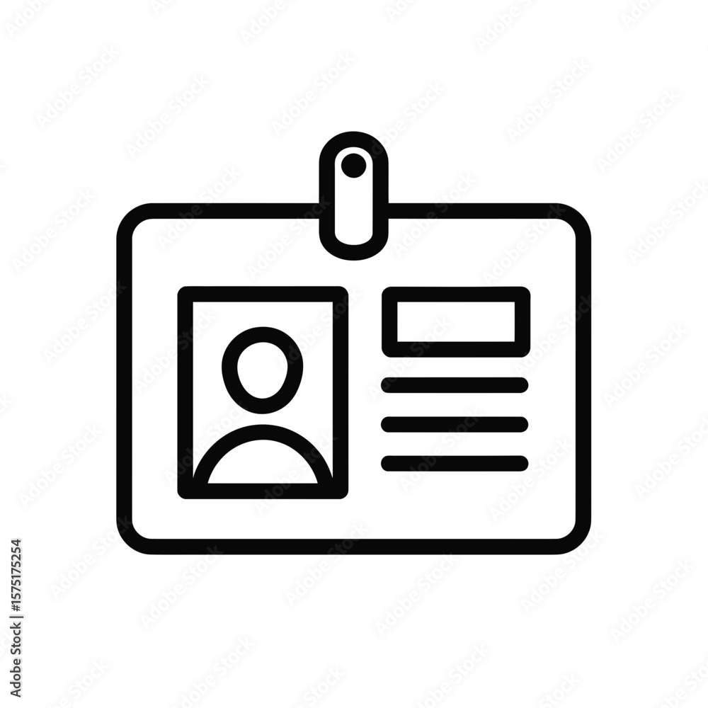 Poster clean black linear vector icon representing a standard identification badge layout with space for a 