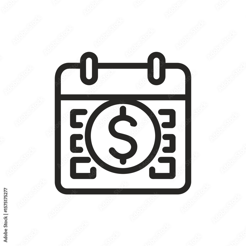 Poster clean black line art icon presenting a calendar grid with large circular central dollar currency sym