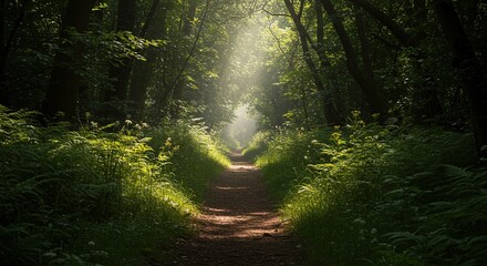 Path through a green forest with sunlight shining through the trees.