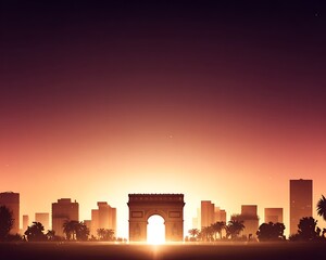 Naklejka premium Cityscape with Triumphal Arch at Sunset