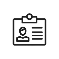 Minimalist black outline icon showing a person identification badge on a clipboard document, concept for official registration, concept for authorized personnel, concept for workplace security