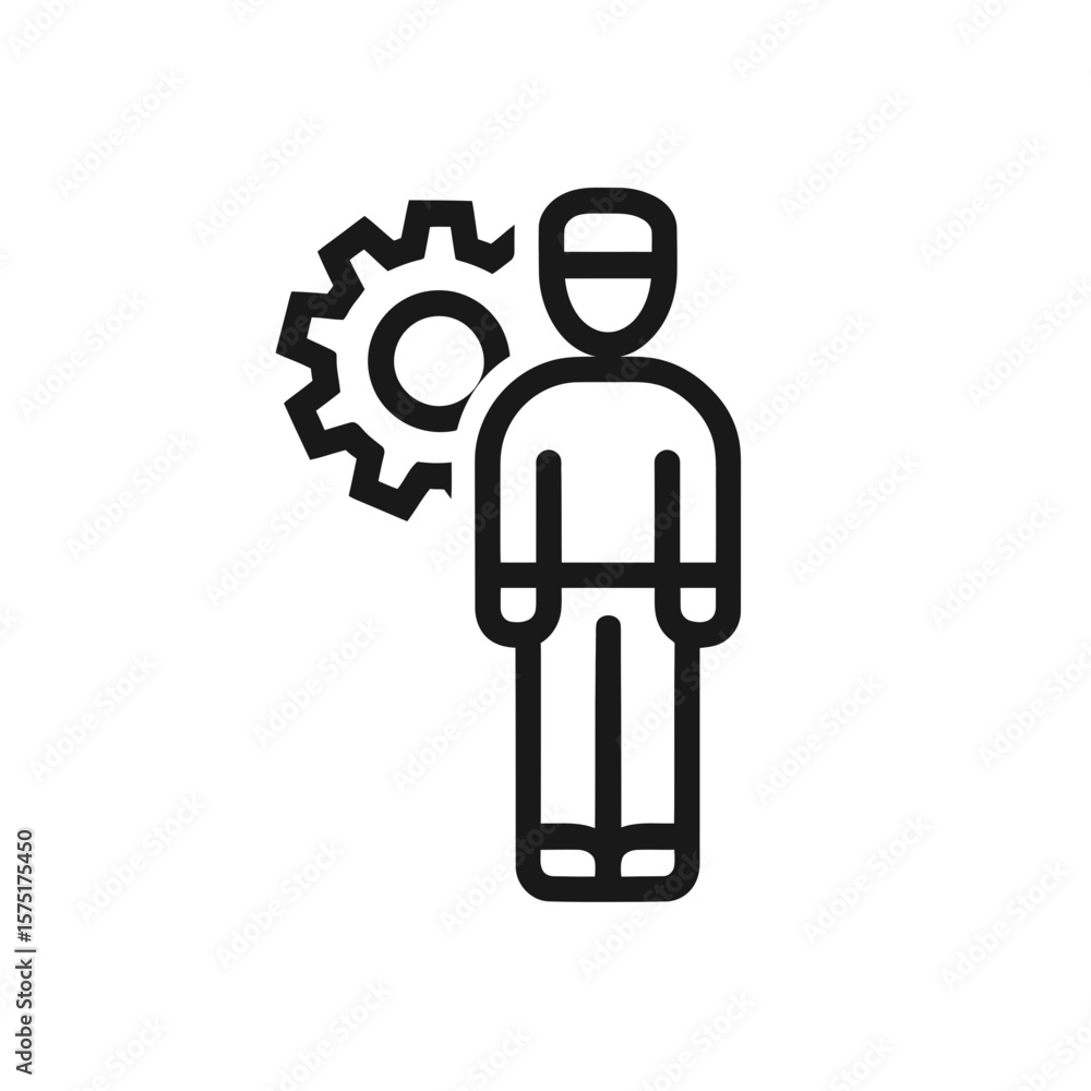 Aufkleber clean line vector icon showing abstract person figure standing adjacent to large rotating gear, conc