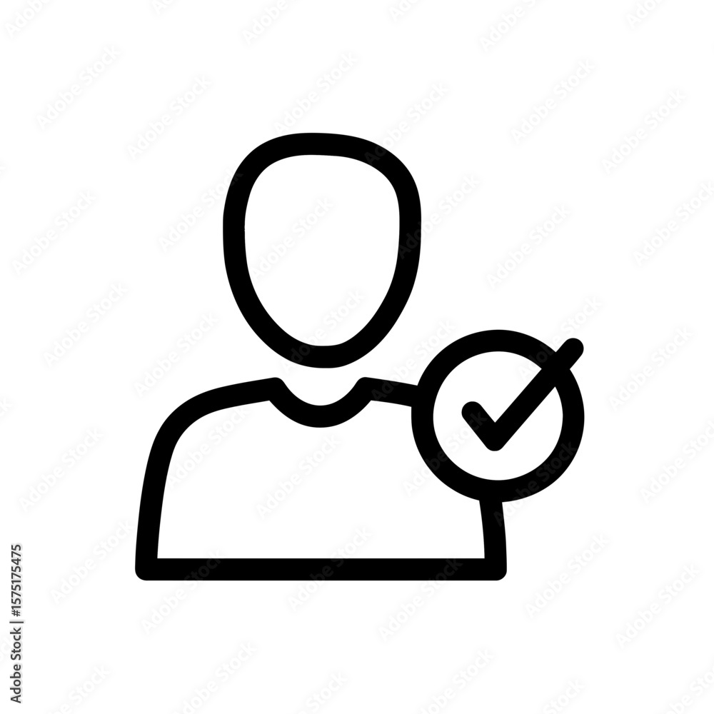 Poster simple vector line art icon showing abstract user silhouette with circular verified checkmark symbol