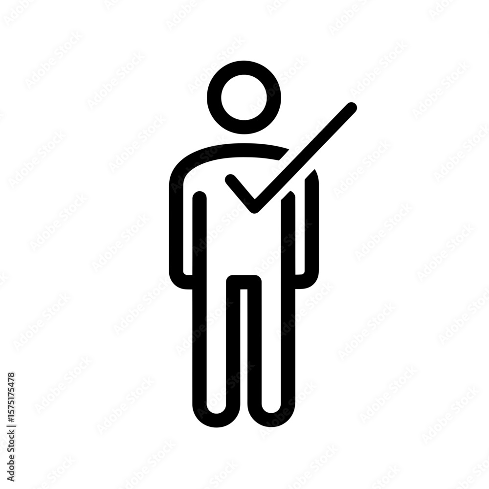 Poster minimalist vector line icon illustrating abstract human form figure with prominent confirmation chec