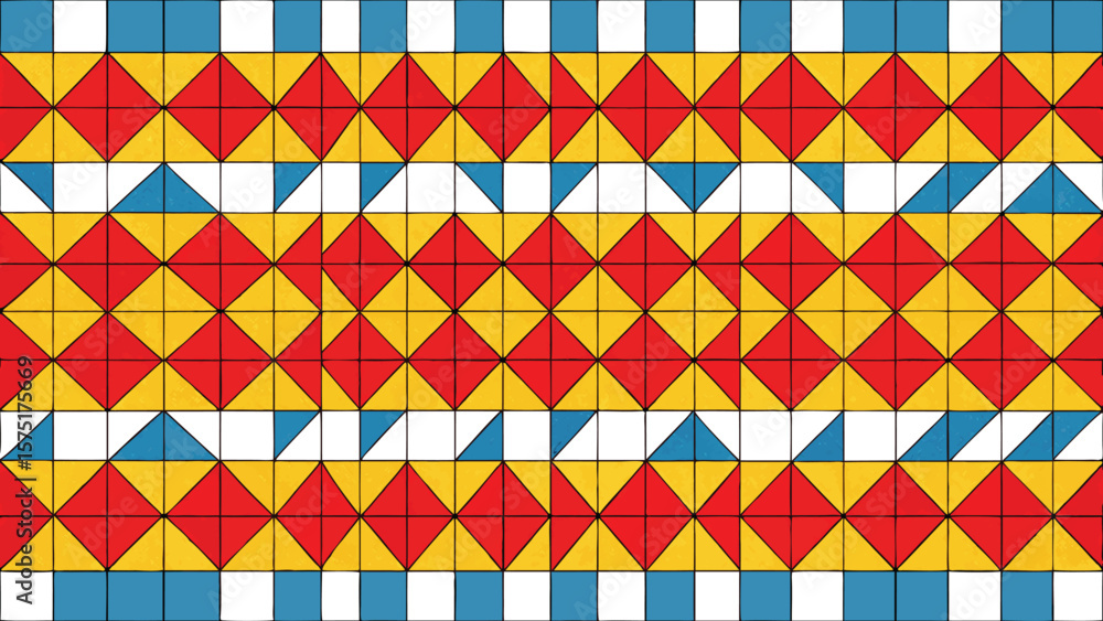 Poster geometric pattern with squares and triangles in red yellow blue on a white background