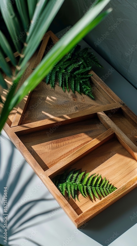 Poster a set of triangular wooden serving trays with laser designs adding a touch of nature to a geometric 