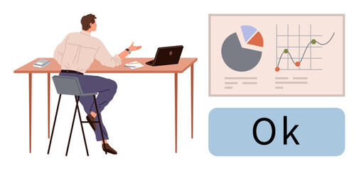 Man sitting at desk with laptop and documents, gesturing during data interpretation. Charts and Ok sign reinforce focus on progress overview. Ideal for business, strategy, planning, analysis