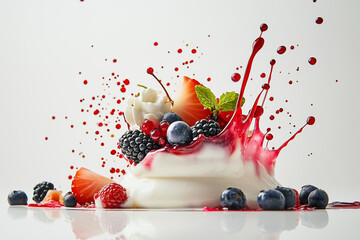 Fresh fruit salad with berries and yogurt splash