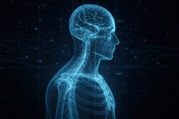 Anatomical Overview: A captivating digital depiction of the human anatomy, highlighting the intricate skeletal and nervous systems, presented in a sleek and scientific display.