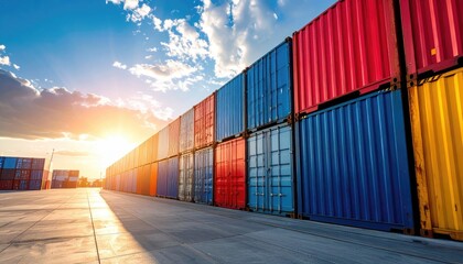 Fototapeta premium Colorful shipping containers line a paved area under a bright sky